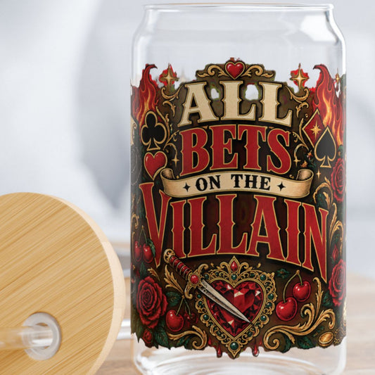 All Bets on the Villain Glass Cup, Dark Romance Book Lover Cup, Villain Era 16 oz Glass Sipper, Bookish Reader Gift