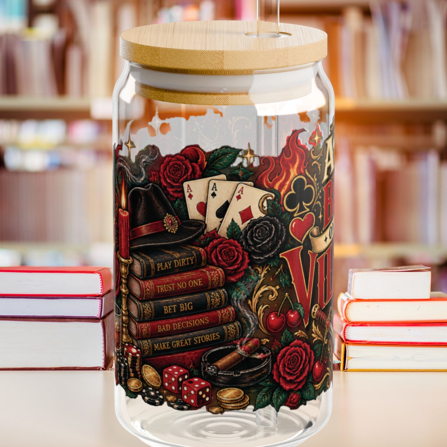 All Bets on the Villain Glass Cup, Dark Romance Book Lover Cup, Villain Era 16 oz Glass Sipper, Bookish Reader Gift