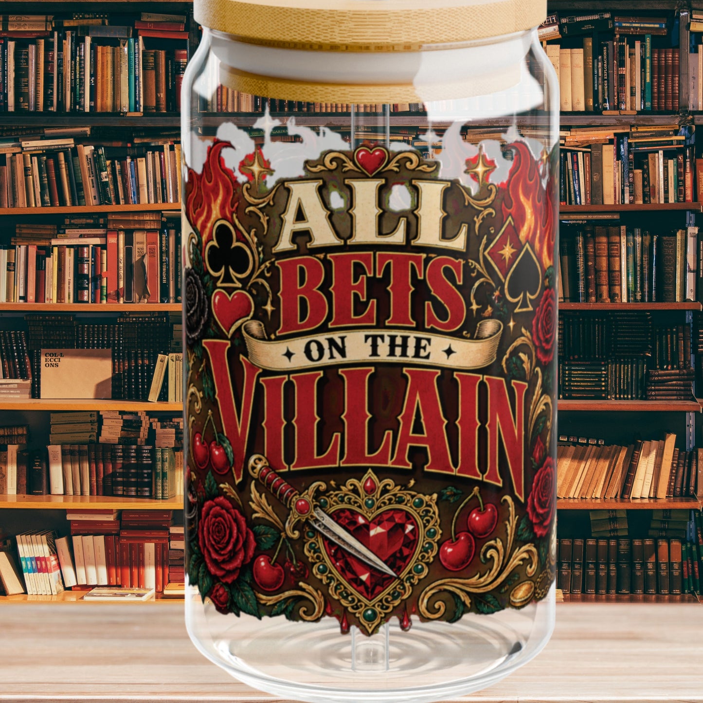 All Bets on the Villain Glass Cup, Dark Romance Book Lover Cup, Villain Era 16 oz Glass Sipper, Bookish Reader Gift