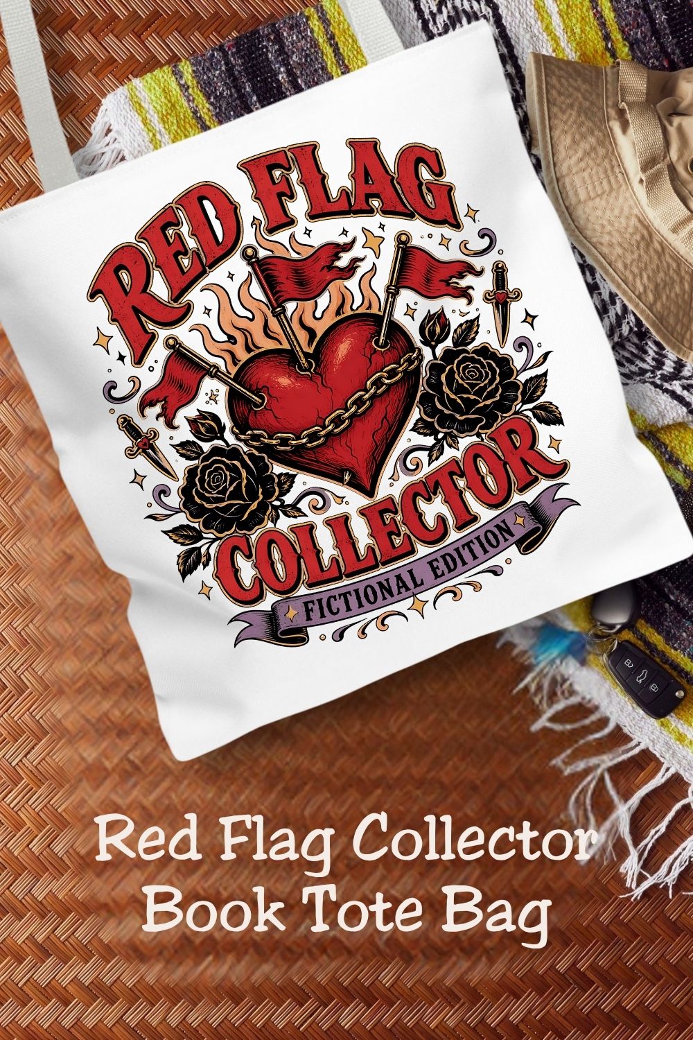 Your favorite fictional man has red flags—and you brought a tote bag to collect them. 🚩📚 The Red Flag Collector, Fictional Edition Tote Bag features a chained heart, red flags, black roses, daggers, flames, and vintage gothic details perfect for dark romance and romantasy readers. Carry it on bookstore hauls, library trips, book club nights, or anywhere your TBR takes you. A fun book lover gift for BookTok readers, morally gray hero fans, villain lovers, and fictional boyfriend collectors.

#DarkRomance #