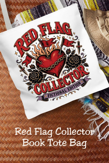 Your favorite fictional man has red flags—and you brought a tote bag to collect them. 🚩📚 The Red Flag Collector, Fictional Edition Tote Bag features a chained heart, red flags, black roses, daggers, flames, and vintage gothic details perfect for dark romance and romantasy readers. Carry it on bookstore hauls, library trips, book club nights, or anywhere your TBR takes you. A fun book lover gift for BookTok readers, morally gray hero fans, villain lovers, and fictional boyfriend collectors.

#DarkRomance #