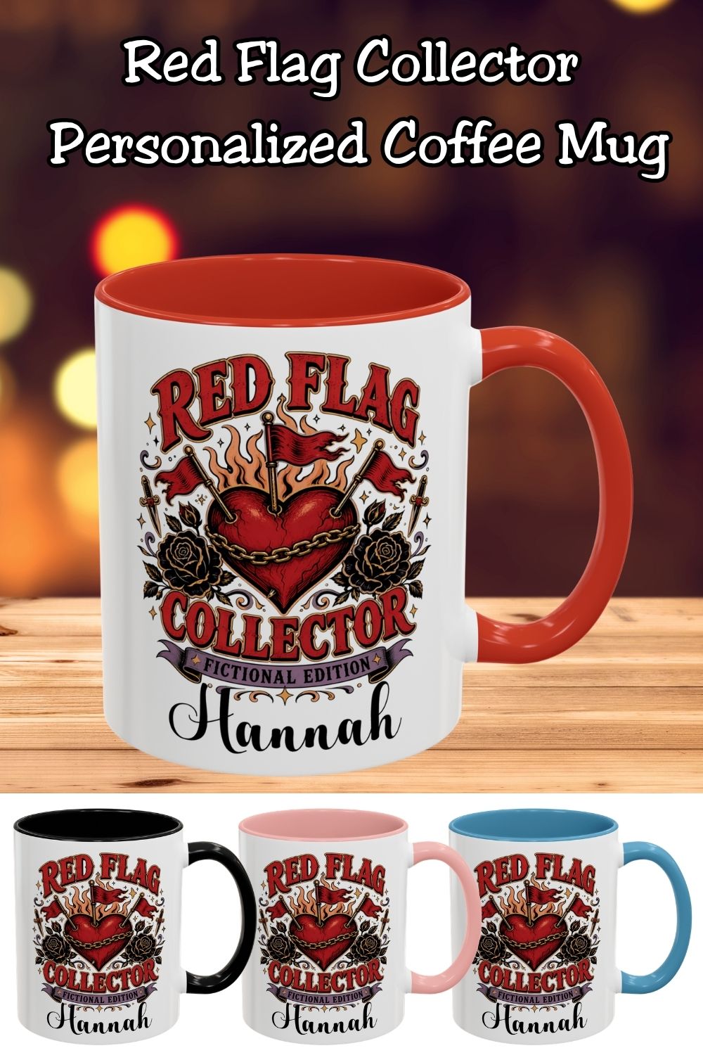 Red flags are better when they're fictional. 🚩📚 Personalize this Red Flag Collector, Fictional Edition Mug with a reader's name for a fun gift made for dark romance lovers, romantasy readers, BookTok fans, morally gray hero enthusiasts, and anyone with questionable taste in fictional men. The vintage gothic design features a chained heart, red flags, black roses, daggers, and flames—perfect for sipping coffee while reading just one more chapter. Save this personalized book lover mug for birthday, Christma