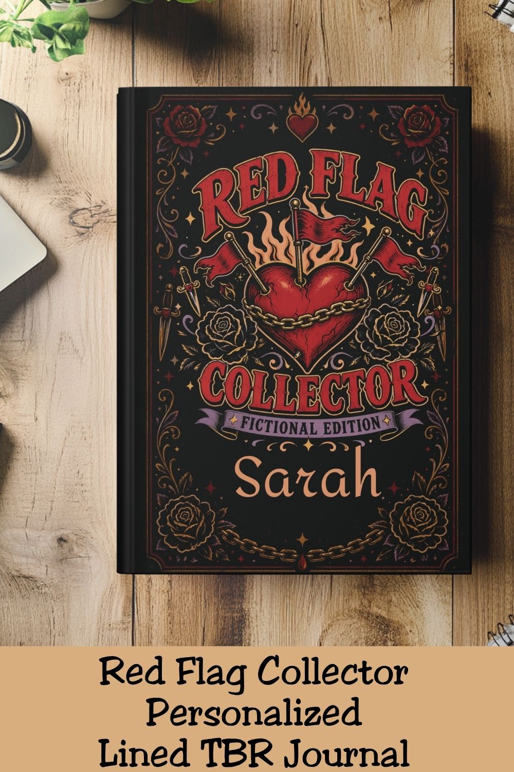 Calling all fictional red flag collectors. 🚩📚 This Personalized Red Flag Collector, Fictional Edition Journal combines dark romance humor with a dramatic gothic bookish aesthetic featuring a chained heart, red flags, flames, black roses, daggers, and vintage details. Add your name to the cover for a custom journal perfect for reading notes, favorite quotes, TBR lists, book reviews, or everyday writing. A fun personalized gift idea for dark romance readers, romantasy fans, BookTok lovers, morally gray hero