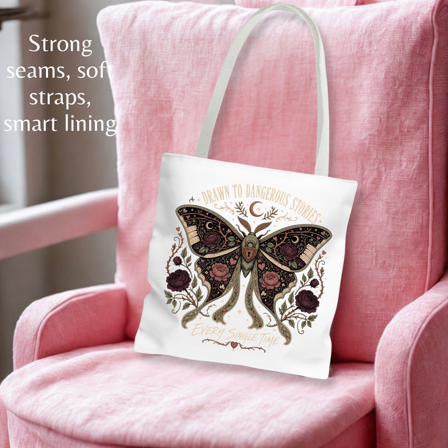 Dangerous Stories Tote Bag, Dark Romance Book Tote, Gothic Moth Bookish Bag, Romance Reader Gift, Morally Gray Book Lover Tote