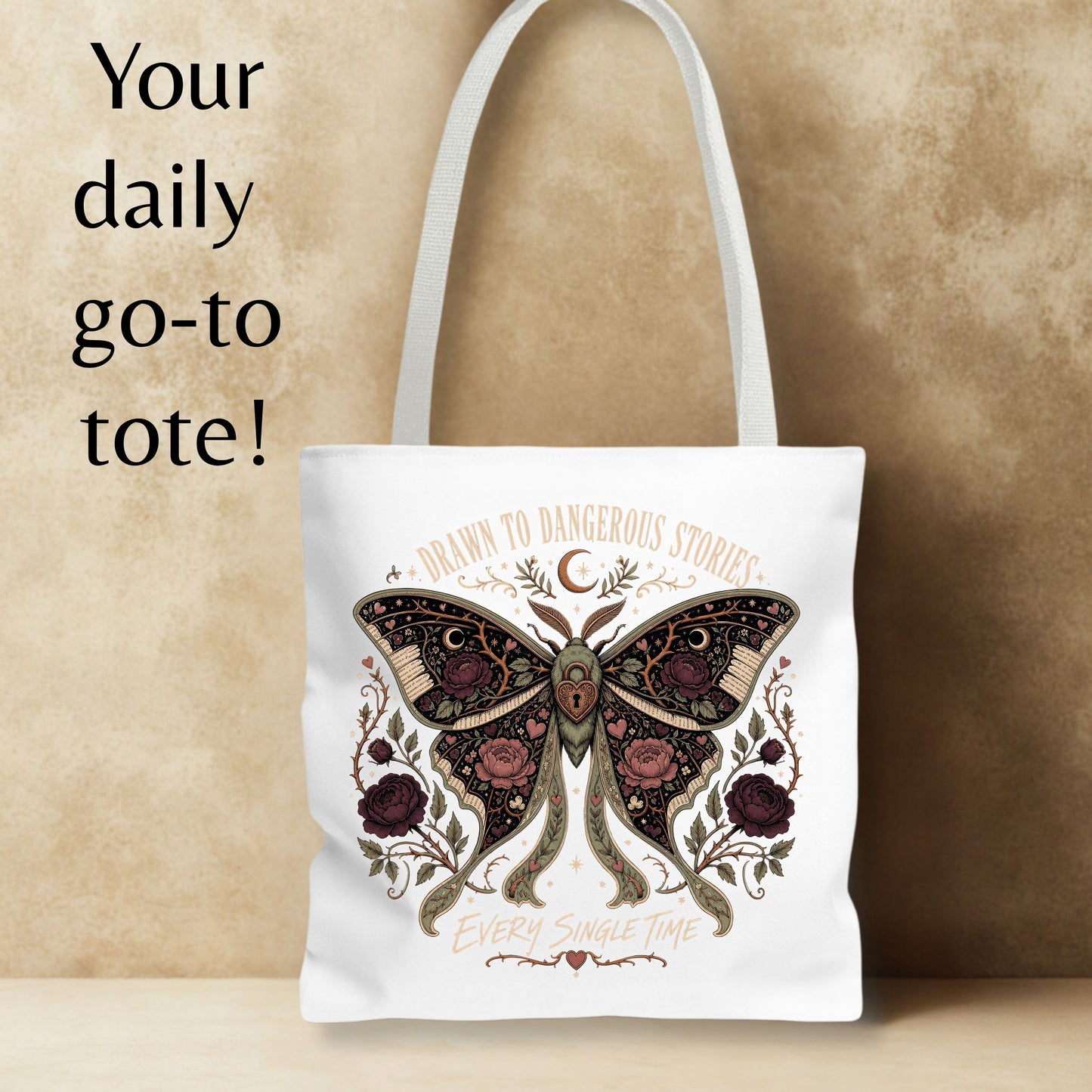 Dangerous Stories Tote Bag, Dark Romance Book Tote, Gothic Moth Bookish Bag, Romance Reader Gift, Morally Gray Book Lover Tote