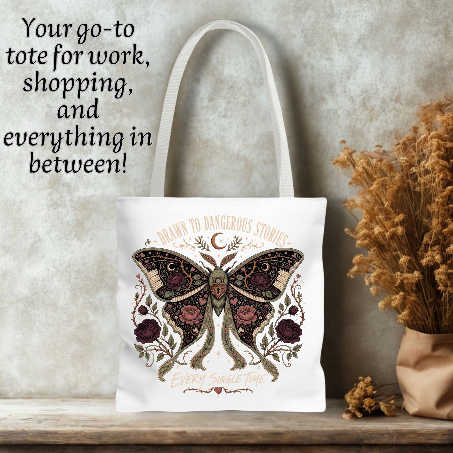 Dangerous Stories Tote Bag, Dark Romance Book Tote, Gothic Moth Bookish Bag, Romance Reader Gift, Morally Gray Book Lover Tote