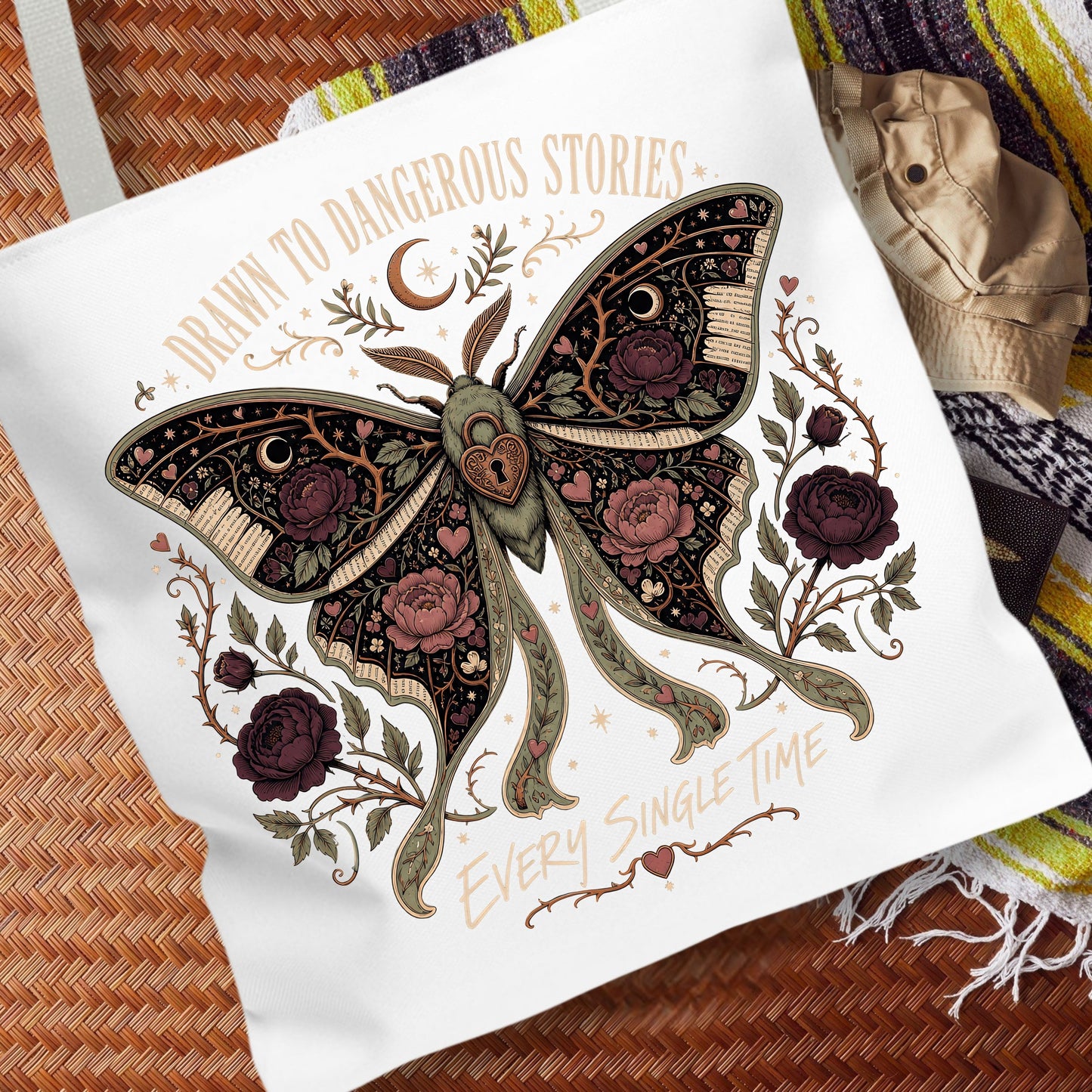 Dangerous Stories Tote Bag, Dark Romance Book Tote, Gothic Moth Bookish Bag, Romance Reader Gift, Morally Gray Book Lover Tote