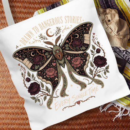 Dangerous Stories Tote Bag, Dark Romance Book Tote, Gothic Moth Bookish Bag, Romance Reader Gift, Morally Gray Book Lover Tote