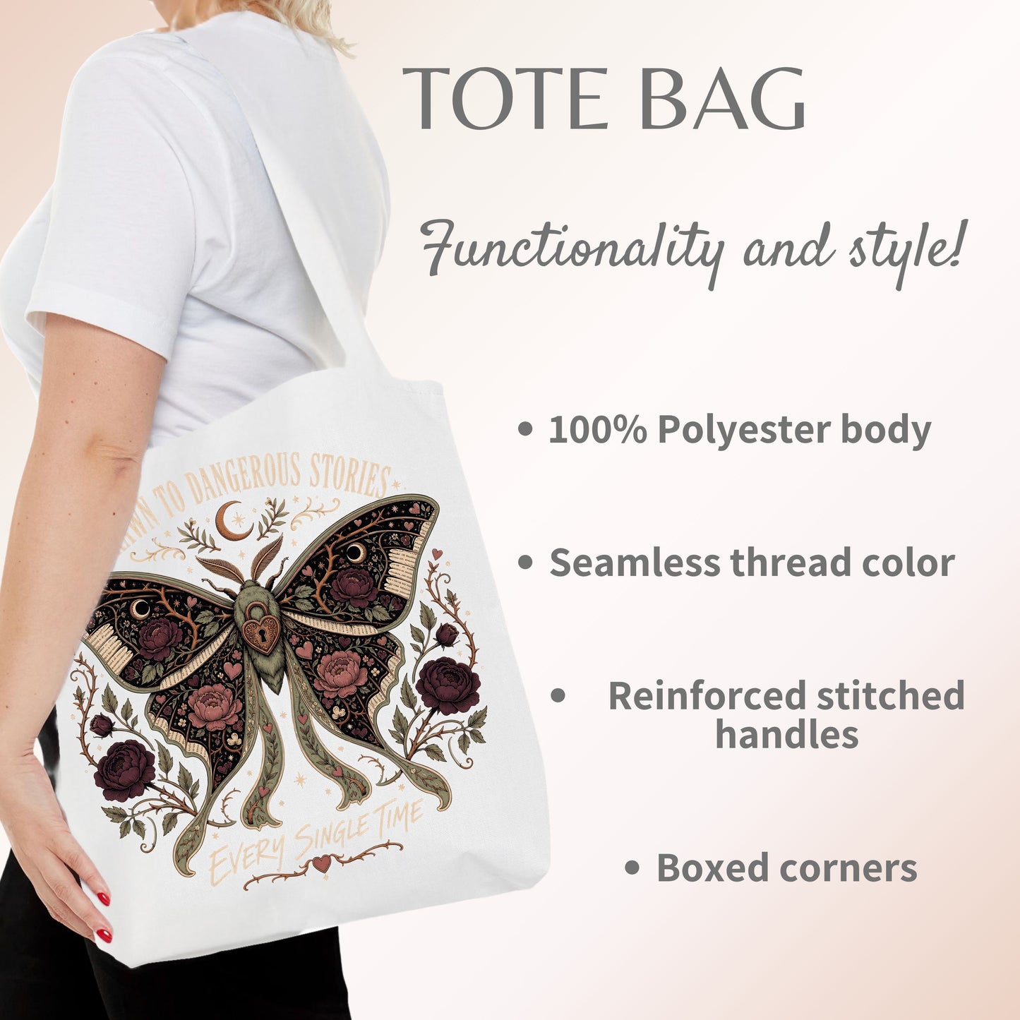 Dangerous Stories Tote Bag, Dark Romance Book Tote, Gothic Moth Bookish Bag, Romance Reader Gift, Morally Gray Book Lover Tote