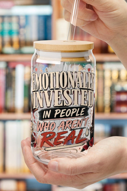 Emotionally Invested Glass Cup, Funny Book Lover Cup, Romance Reader 16 oz Glass Can, BookTok Reader Gift