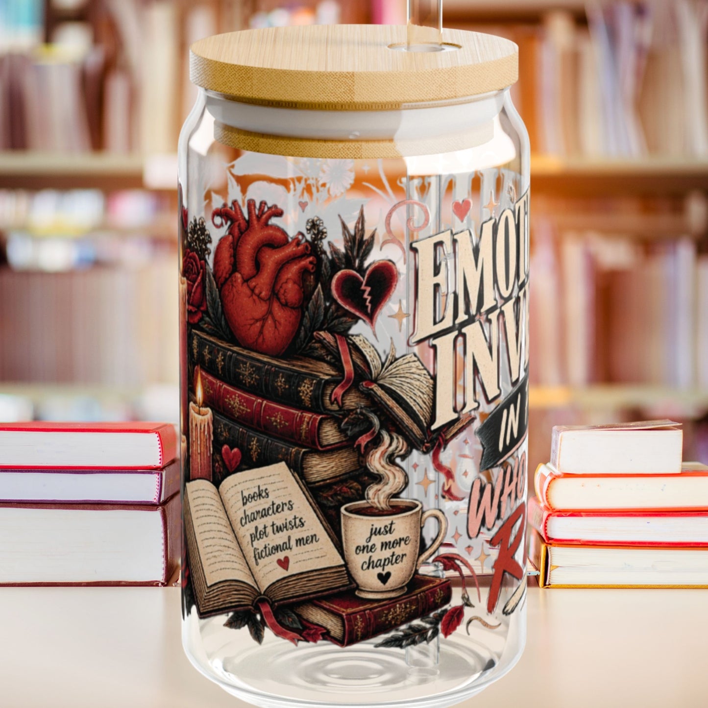 Emotionally Invested Glass Cup, Funny Book Lover Cup, Romance Reader 16 oz Glass Can, BookTok Reader Gift