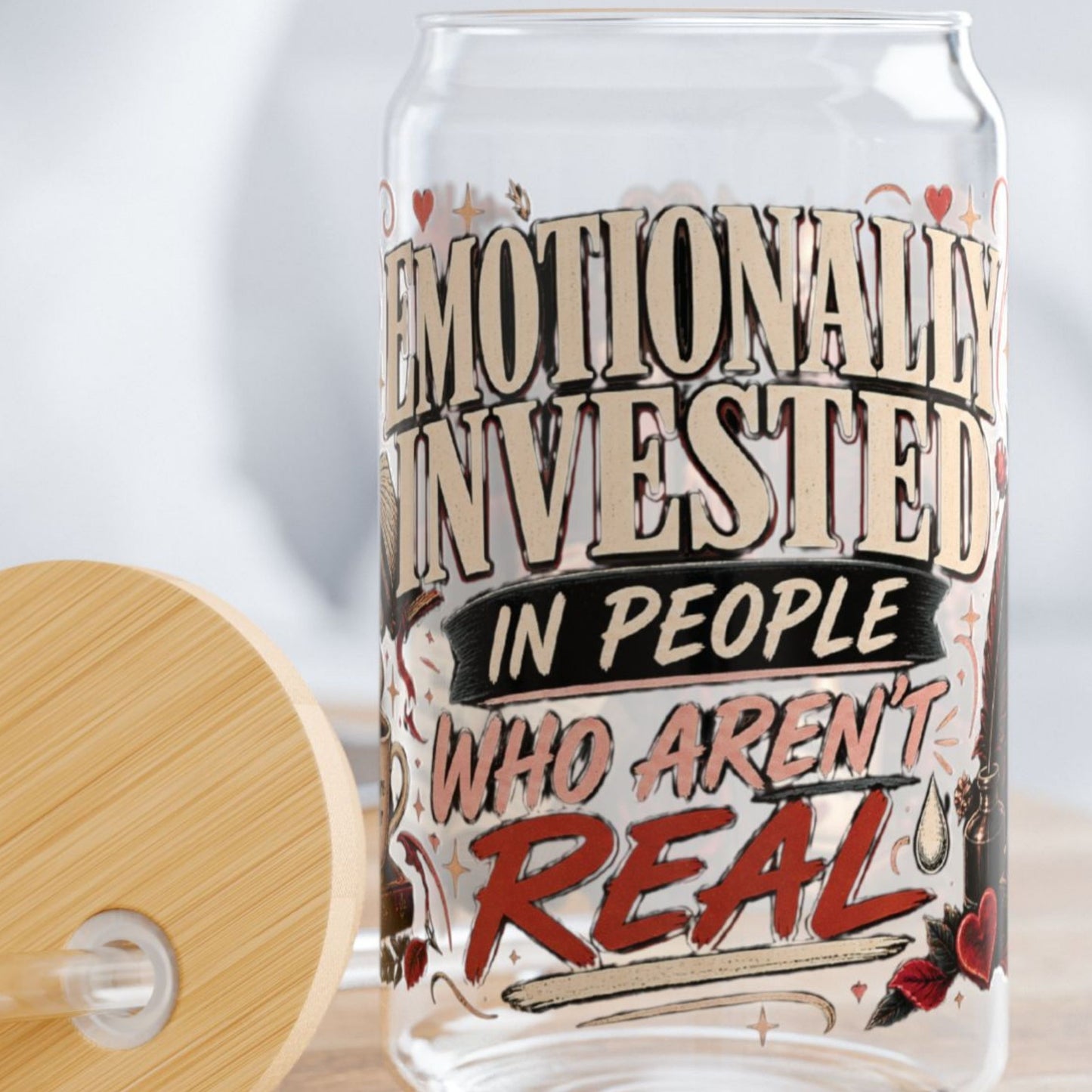 Emotionally Invested Glass Cup, Funny Book Lover Cup, Romance Reader 16 oz Glass Can, BookTok Reader Gift