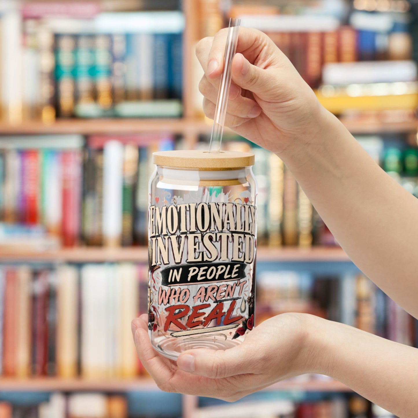 Emotionally Invested Glass Cup, Funny Book Lover Cup, Romance Reader 16 oz Glass Can, BookTok Reader Gift