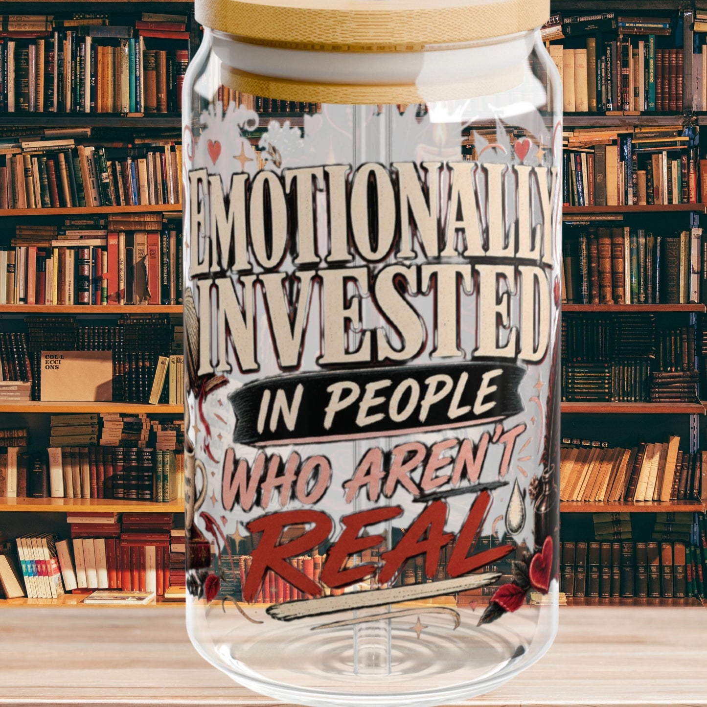 Emotionally Invested Glass Cup, Funny Book Lover Cup, Romance Reader 16 oz Glass Can, BookTok Reader Gift
