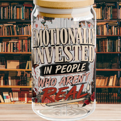 Emotionally Invested Glass Cup, Funny Book Lover Cup, Romance Reader 16 oz Glass Can, BookTok Reader Gift