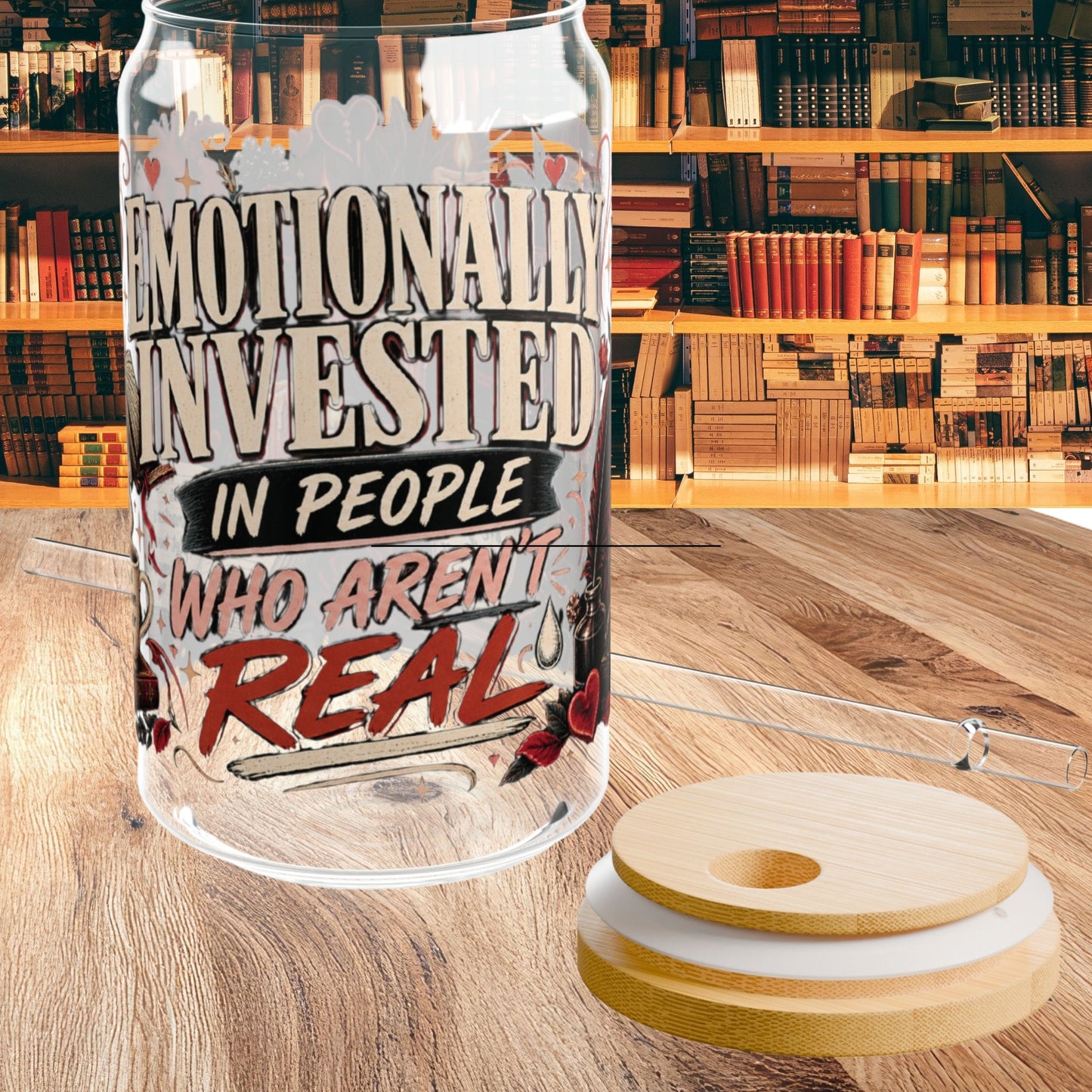Emotionally Invested Glass Cup, Funny Book Lover Cup, Romance Reader 16 oz Glass Can, BookTok Reader Gift