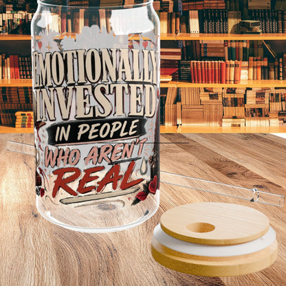 Emotionally Invested Glass Cup, Funny Book Lover Cup, Romance Reader 16 oz Glass Can, BookTok Reader Gift