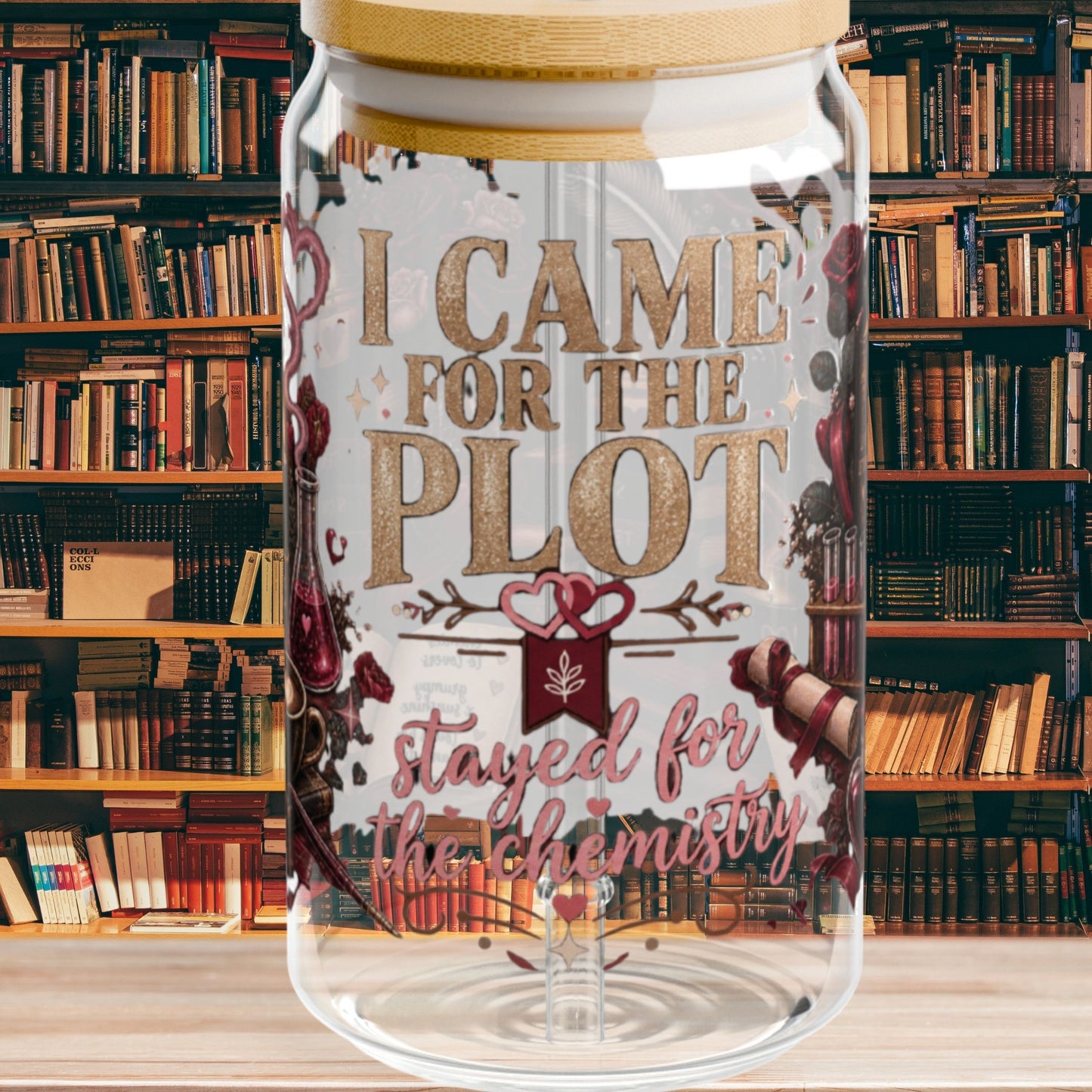 Came for the Plot Glass Cup, Stayed for the Chemistry 16 oz Glass Can, Romance Reader Gift, BookTok Book Lover Cup