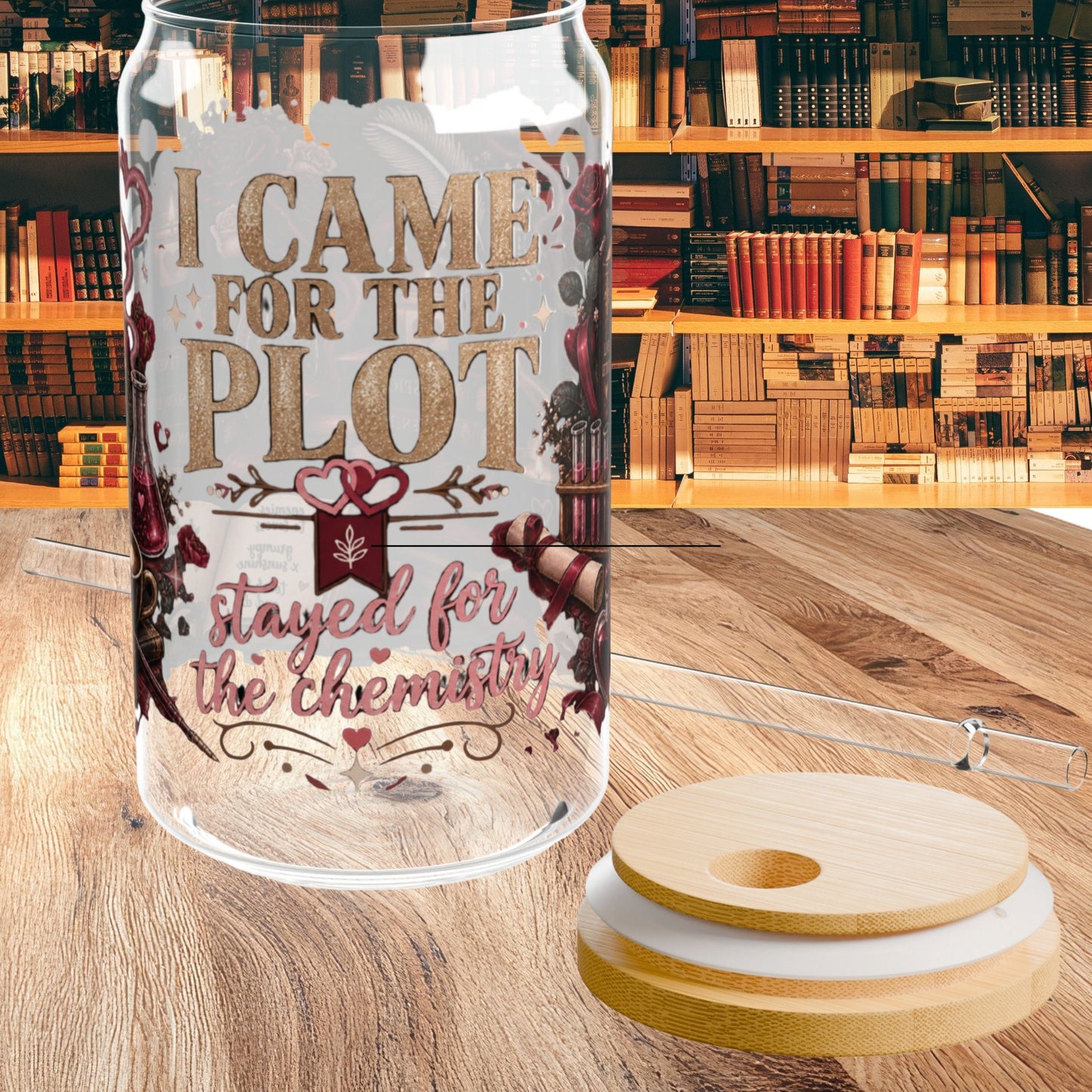 Came for the Plot Glass Cup, Stayed for the Chemistry 16 oz Glass Can, Romance Reader Gift, BookTok Book Lover Cup