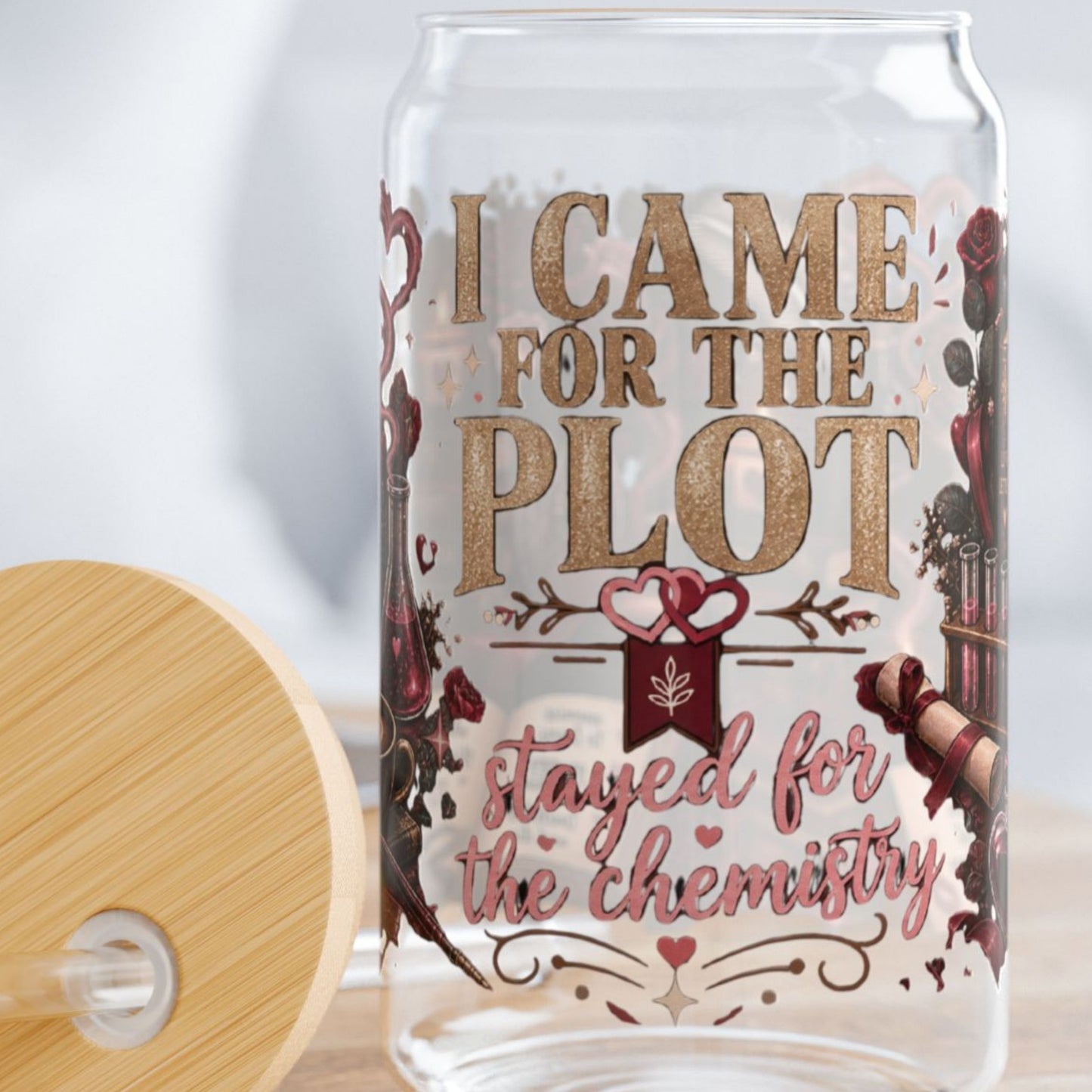 Came for the Plot Glass Cup, Stayed for the Chemistry 16 oz Glass Can, Romance Reader Gift, BookTok Book Lover Cup
