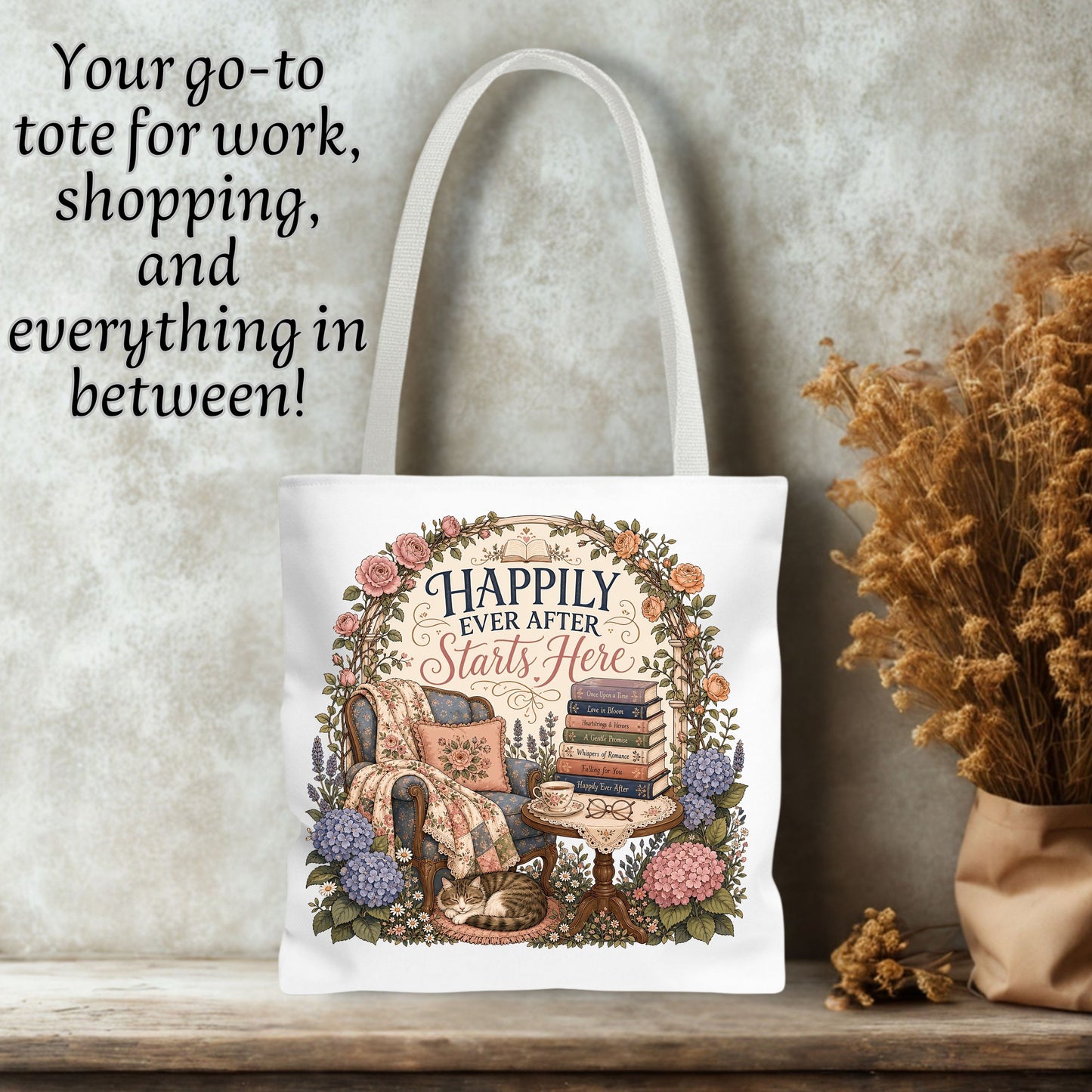 Happily Ever After Tote Bag, Romance Reader Book Bag, Book Lover Tote, Cozy Reading Bag, BookTok Gift for Reader