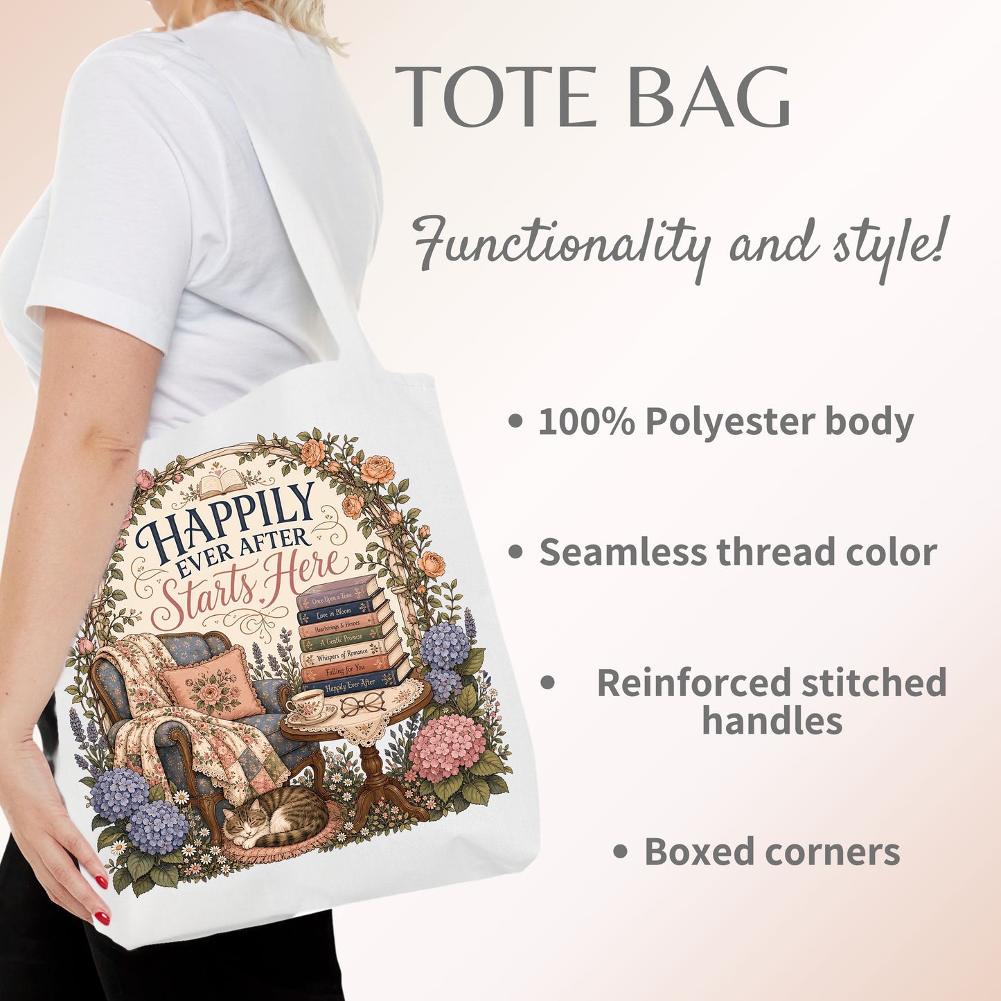 Happily Ever After Tote Bag, Romance Reader Book Bag, Book Lover Tote, Cozy Reading Bag, BookTok Gift for Reader
