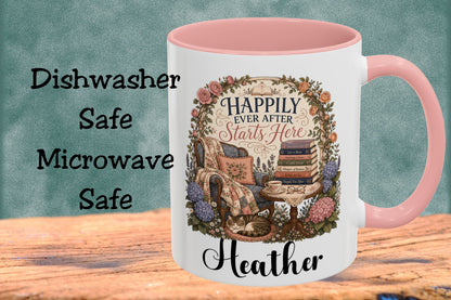 Personalized Book Lover Mug, Happily Ever After Starts Here, Romance Reader Mug, Bookish Gift, Custom Reader Coffee Cup