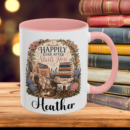Personalized Book Lover Mug, Happily Ever After Starts Here, Romance Reader Mug, Bookish Gift, Custom Reader Coffee Cup