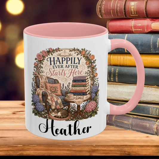 Personalized Book Lover Mug, Happily Ever After Starts Here, Romance Reader Mug, Bookish Gift, Custom Reader Coffee Cup