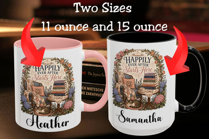 Personalized Book Lover Mug, Happily Ever After Starts Here, Romance Reader Mug, Bookish Gift, Custom Reader Coffee Cup
