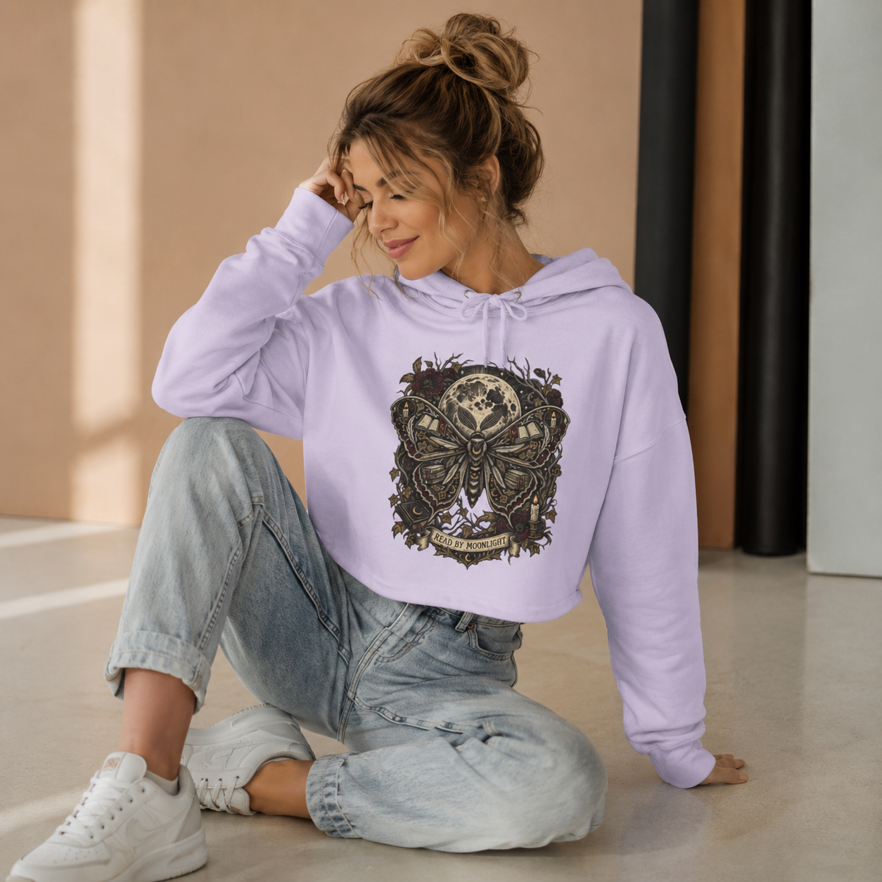 Read By Moonlight Cropped Hoodie, Book Lover Sweatshirt, Gothic Moth Hoodie, Dark Academia Reader Gift, Bookish Crop Sweatshirt