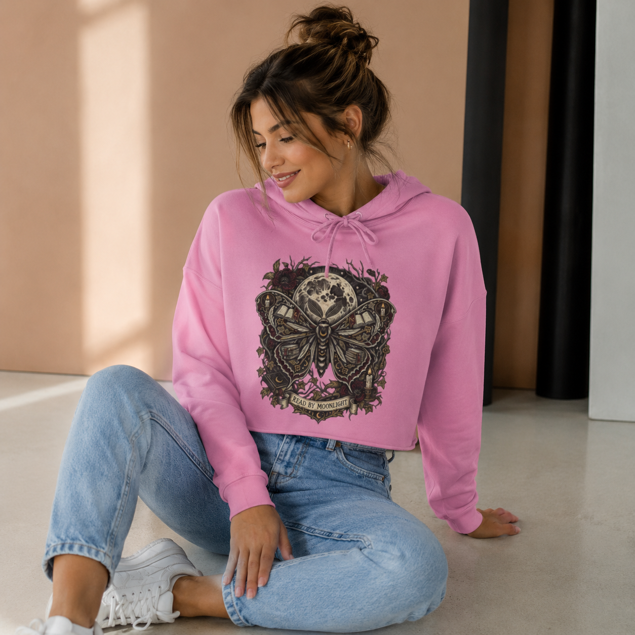 Read By Moonlight Cropped Hoodie, Book Lover Sweatshirt, Gothic Moth Hoodie, Dark Academia Reader Gift, Bookish Crop Sweatshirt