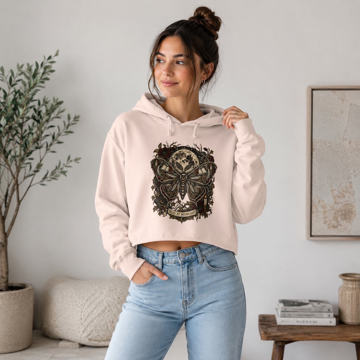 Read By Moonlight Cropped Hoodie, Book Lover Sweatshirt, Gothic Moth Hoodie, Dark Academia Reader Gift, Bookish Crop Sweatshirt
