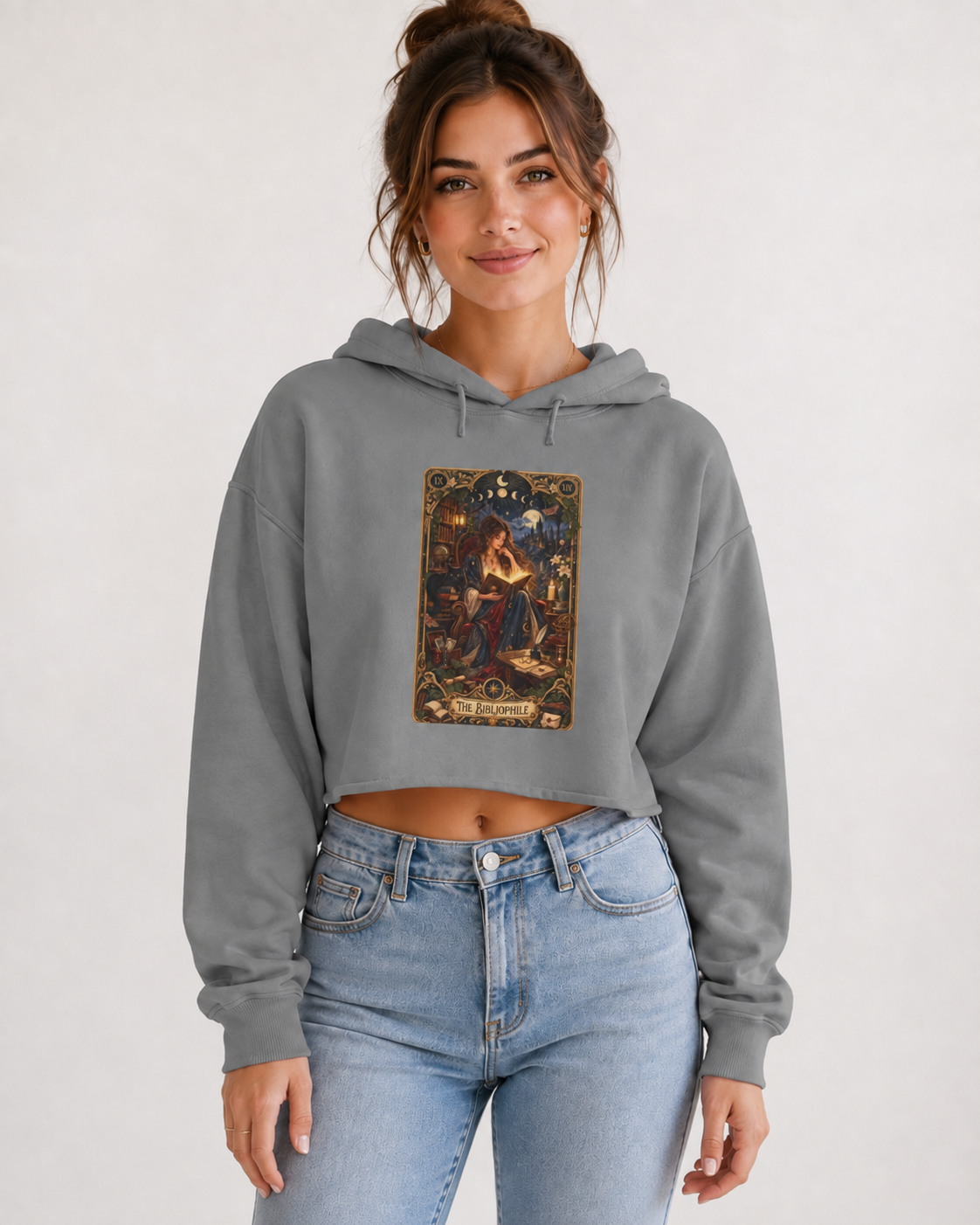 The Bibliophile Cropped Hoodie, Book Lover Sweatshirt, Tarot Card Hoodie, Bookish Gift for Reader, Dark Academia Cropped Sweatshirt