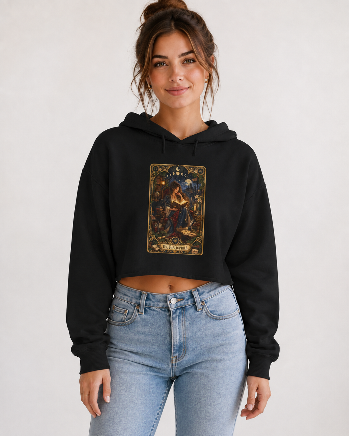 The Bibliophile Cropped Hoodie, Book Lover Sweatshirt, Tarot Card Hoodie, Bookish Gift for Reader, Dark Academia Cropped Sweatshirt