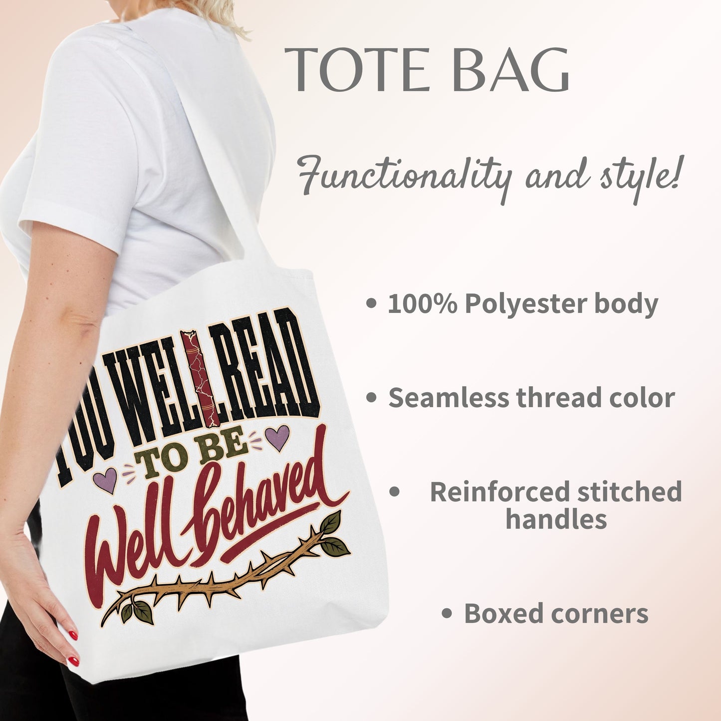 Too Well Read to Be Well Behaved Tote Bag, Book Lover Tote, Bookish Bag, Reader Gift, BookTok Gift, Literary Book Bag