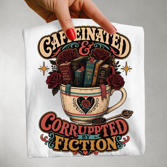Caffeinated and Corrupted by Fiction Shirt, Book Lover Tee, Romance Reader Shirt, BookTok Gift, Coffee and Books T-Shirt