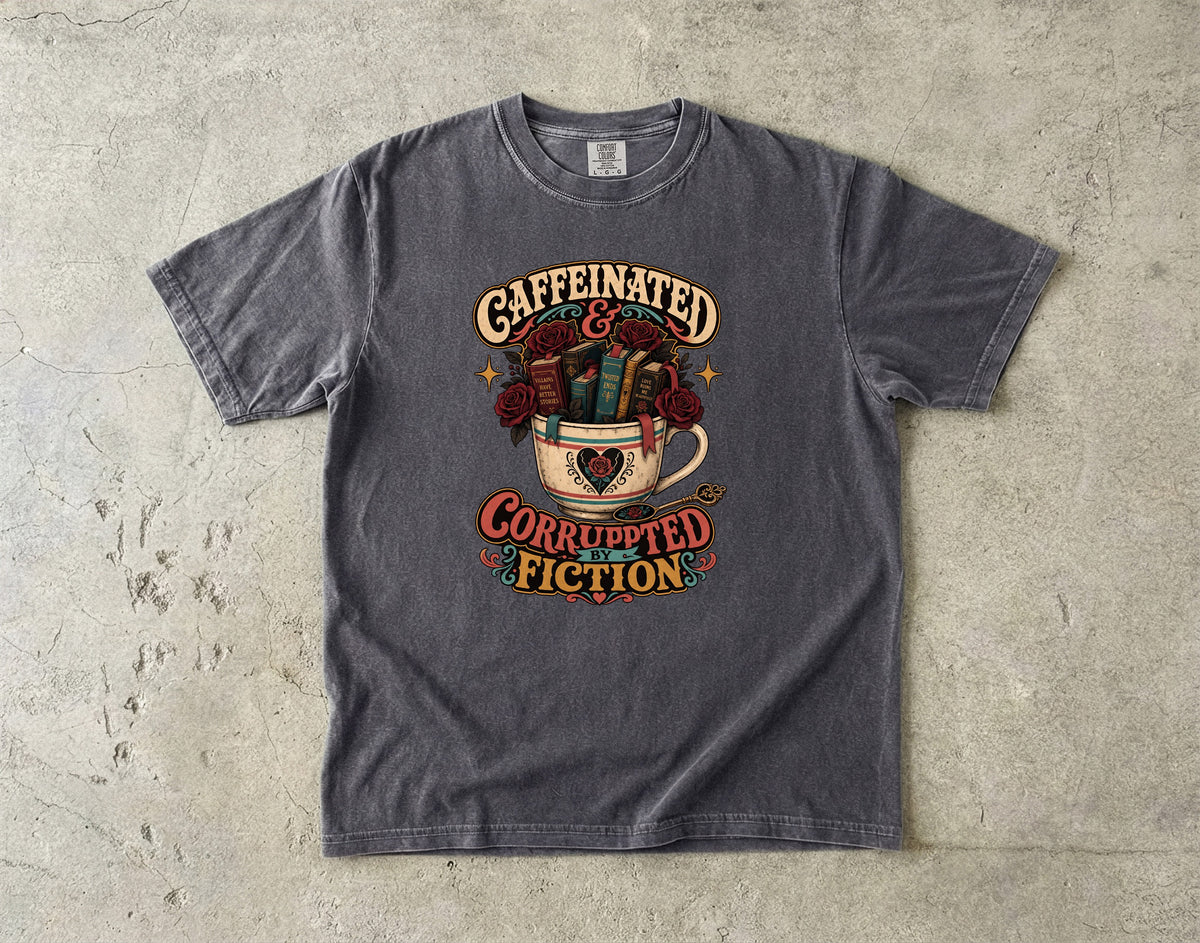 Caffeinated and Corrupted by Fiction Shirt, Book Lover Tee, Romance Reader Shirt, BookTok Gift, Coffee and Books T-Shirt