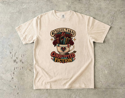 Caffeinated and Corrupted by Fiction Shirt, Book Lover Tee, Romance Reader Shirt, BookTok Gift, Coffee and Books T-Shirt