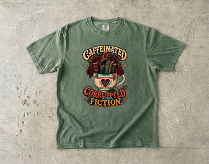 Caffeinated and Corrupted by Fiction Shirt, Book Lover Tee, Romance Reader Shirt, BookTok Gift, Coffee and Books T-Shirt