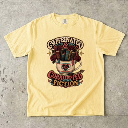Caffeinated and Corrupted by Fiction Shirt, Book Lover Tee, Romance Reader Shirt, BookTok Gift, Coffee and Books T-Shirt