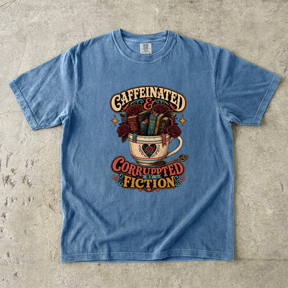 Caffeinated and Corrupted by Fiction Shirt, Book Lover Tee, Romance Reader Shirt, BookTok Gift, Coffee and Books T-Shirt