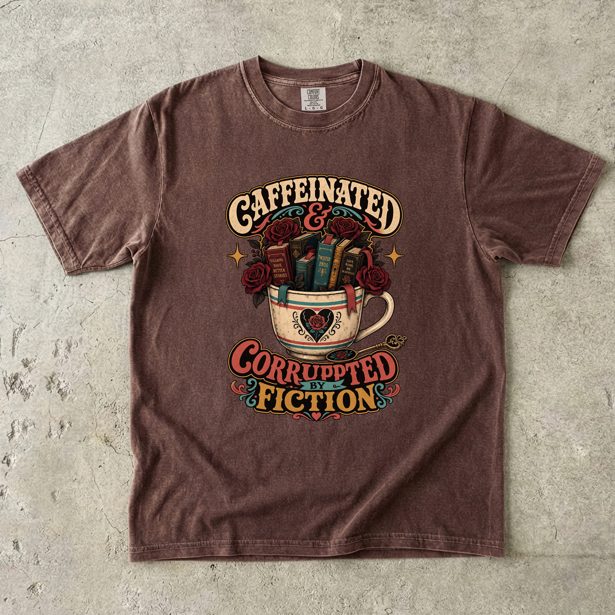 Caffeinated and Corrupted by Fiction Shirt, Book Lover Tee, Romance Reader Shirt, BookTok Gift, Coffee and Books T-Shirt
