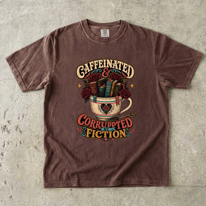 Caffeinated and Corrupted by Fiction Shirt, Book Lover Tee, Romance Reader Shirt, BookTok Gift, Coffee and Books T-Shirt