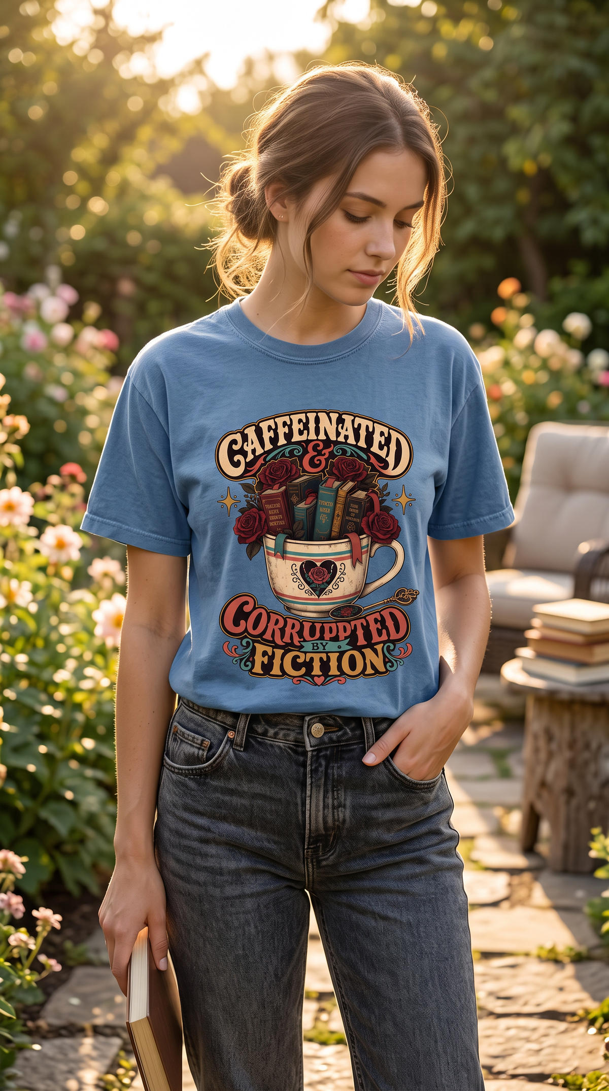 Caffeinated and Corrupted by Fiction Shirt, Book Lover Tee, Romance Reader Shirt, BookTok Gift, Coffee and Books T-Shirt
