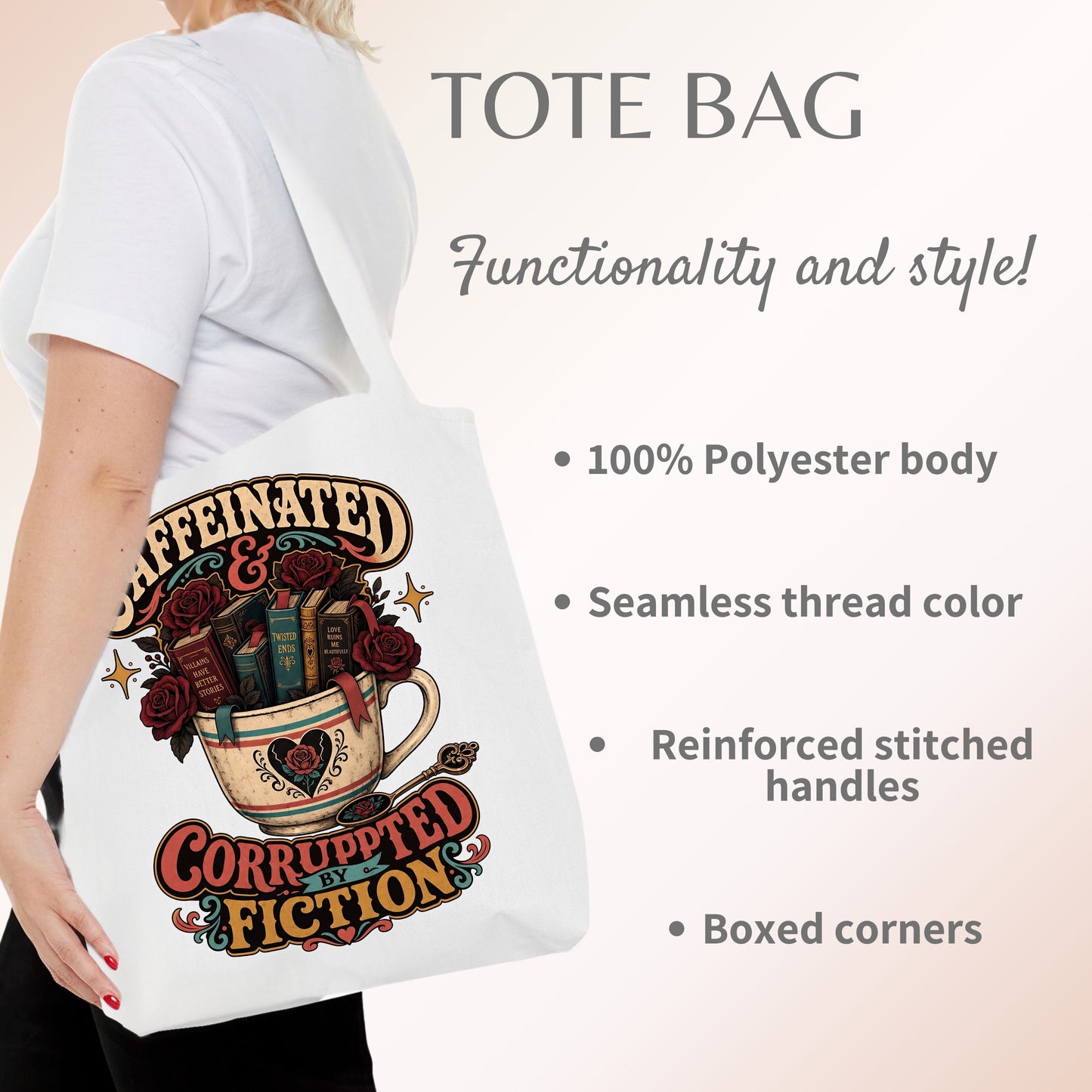 Caffeinated and Corrupted by Fiction Tote Bag, Book Lover Tote, Coffee and Books Bag, Romance Reader Gift, BookTok Bookish Tote