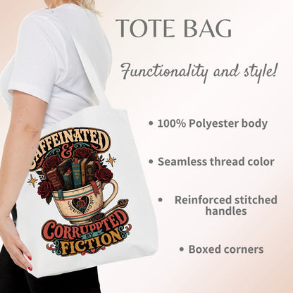 Caffeinated and Corrupted by Fiction Tote Bag, Book Lover Tote, Coffee and Books Bag, Romance Reader Gift, BookTok Bookish Tote