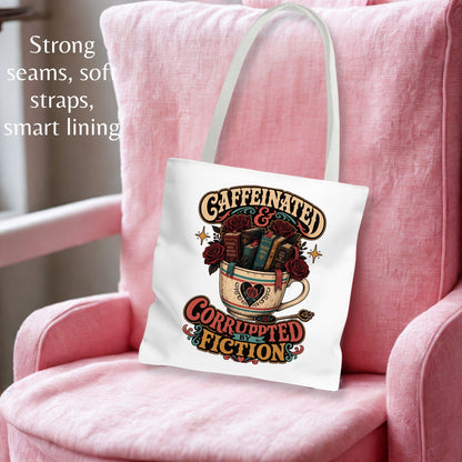 Caffeinated and Corrupted by Fiction Tote Bag, Book Lover Tote, Coffee and Books Bag, Romance Reader Gift, BookTok Bookish Tote