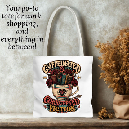 Caffeinated and Corrupted by Fiction Tote Bag, Book Lover Tote, Coffee and Books Bag, Romance Reader Gift, BookTok Bookish Tote