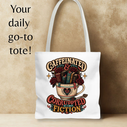 Caffeinated and Corrupted by Fiction Tote Bag, Book Lover Tote, Coffee and Books Bag, Romance Reader Gift, BookTok Bookish Tote